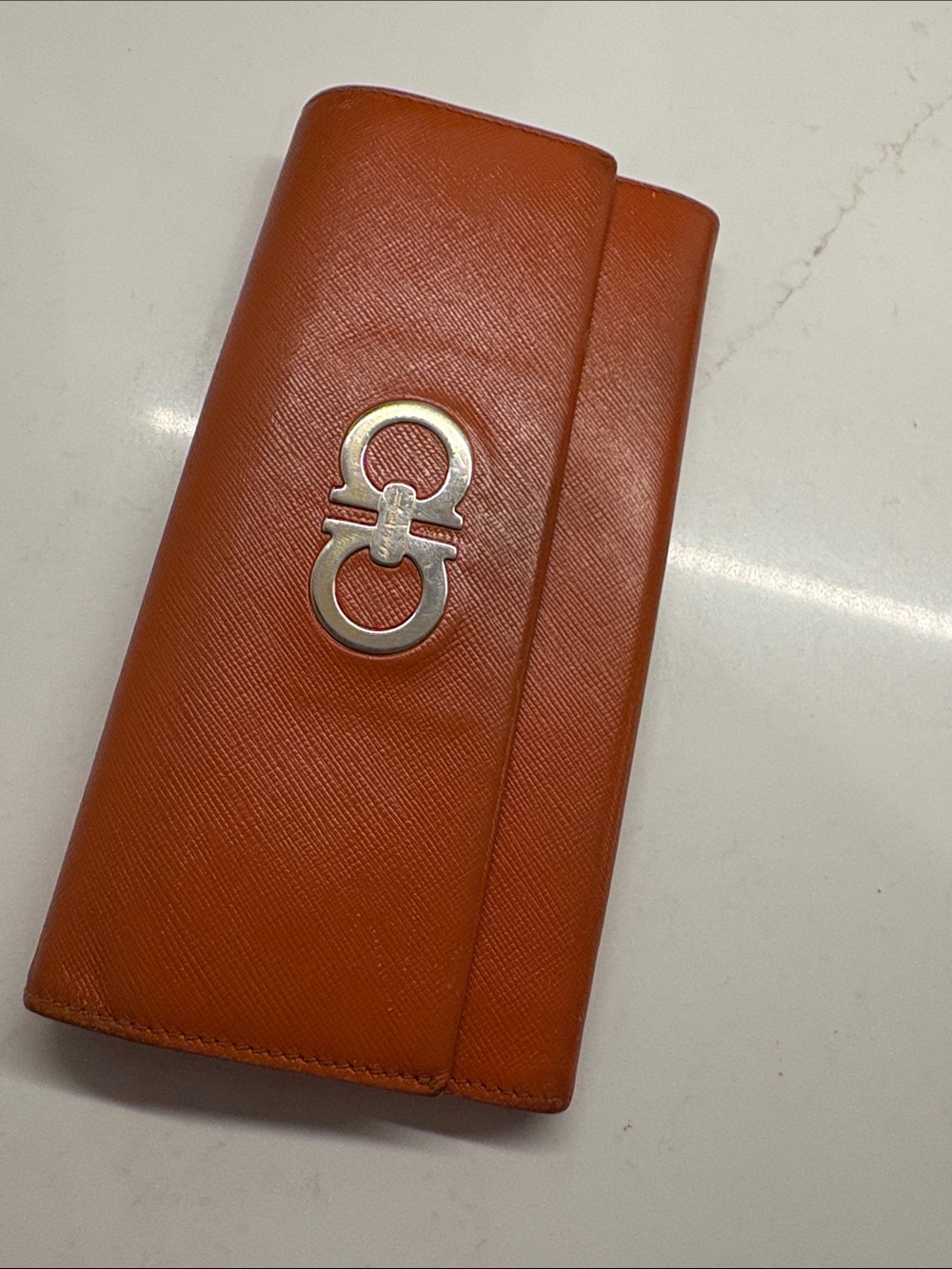 Salvatore Ferragamo Burnt Orange Leather Continental Wallet with Silver Gancini